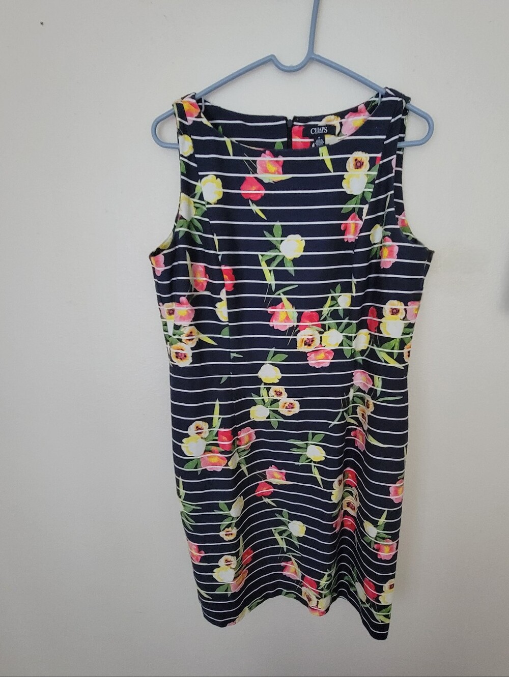 CHAPS Navy Blue & White Striped Floral Sleeveless Sheath Dress